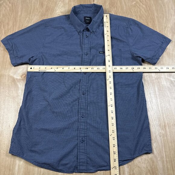 RVCA Men’s Dark Blue Check Short Sleeve Button Down Shirt Side Medium - Picture 3 of 5